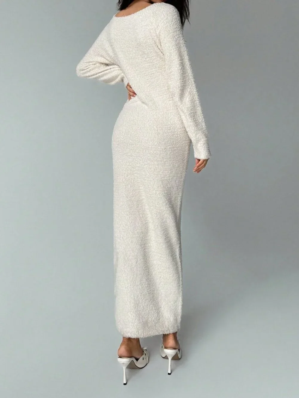 Off-White Casual Women's Plush Knitted Sweater Dress
